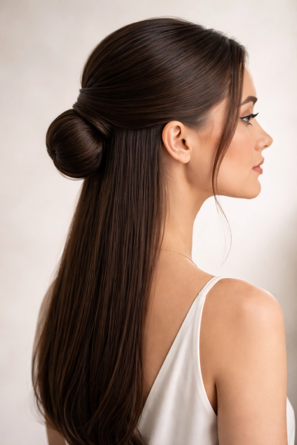 Close-up of long straight hair with a sleek low bun at the nape and half-up crown