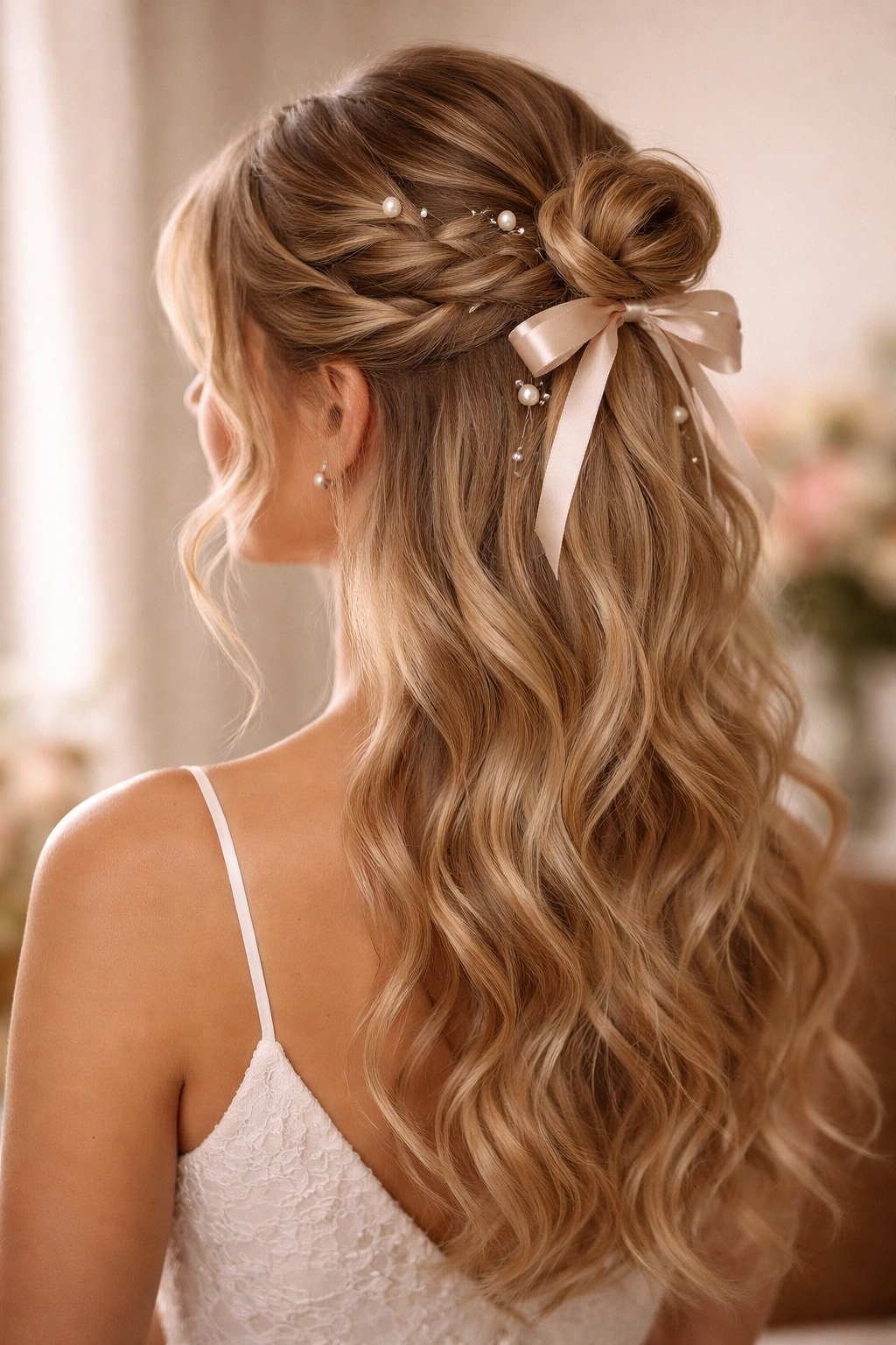 Close-up of half-up bun with ribbon and pearl accents in hair