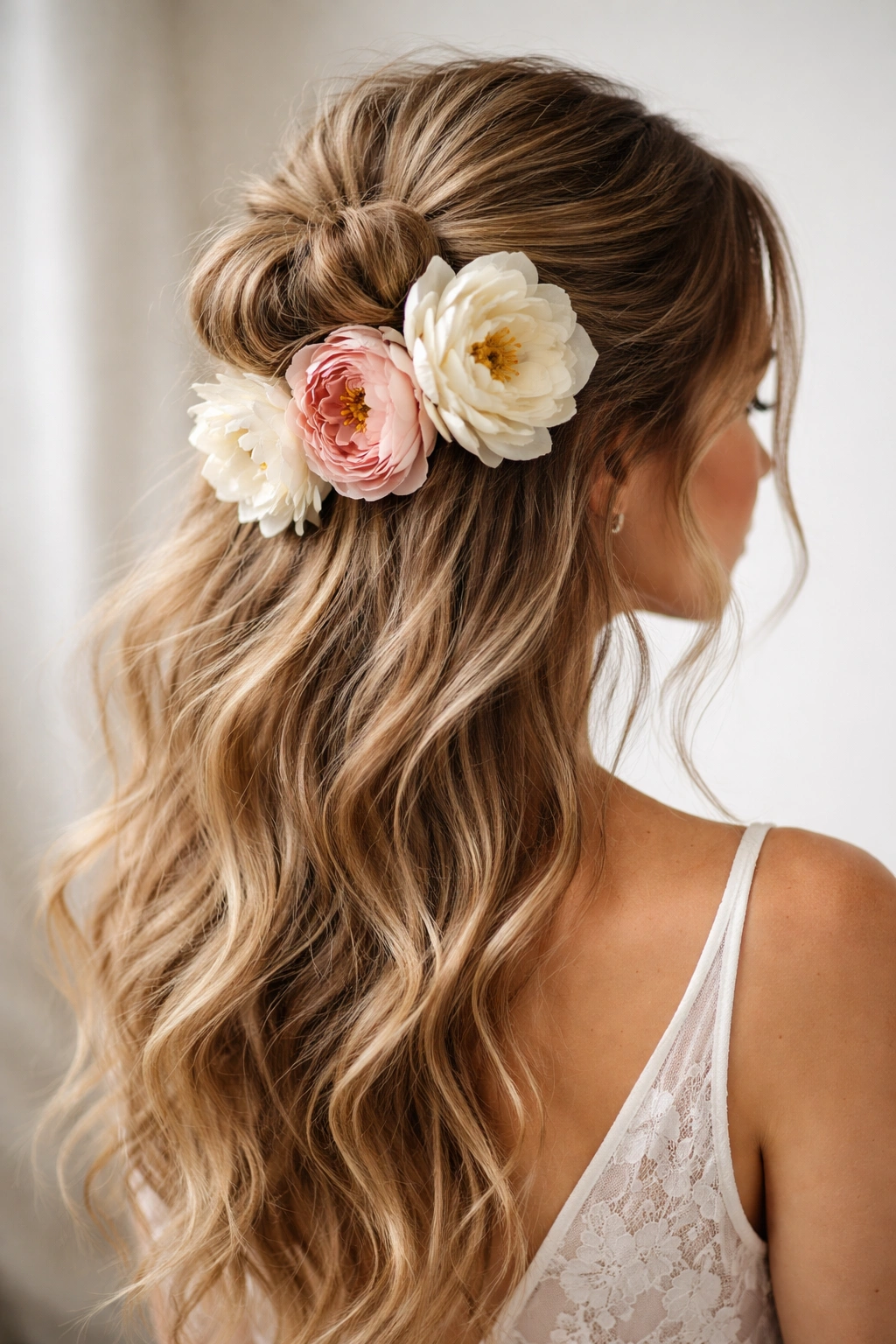 Close-up of a textured half-up bun with oversized flowers placed asymmetrically among loose waves