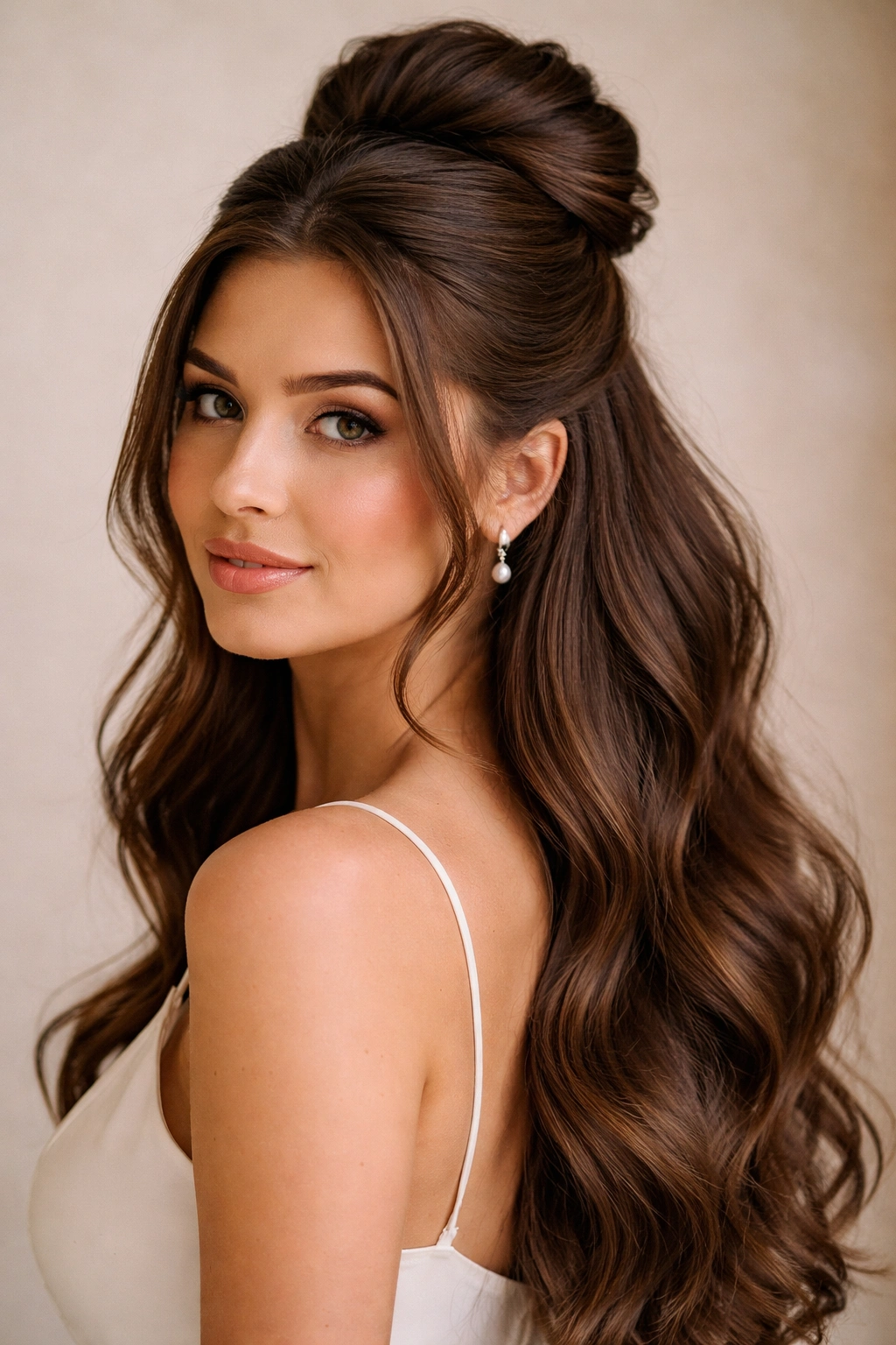 Close-up of a thick-haired model featuring an elegant half-up bun