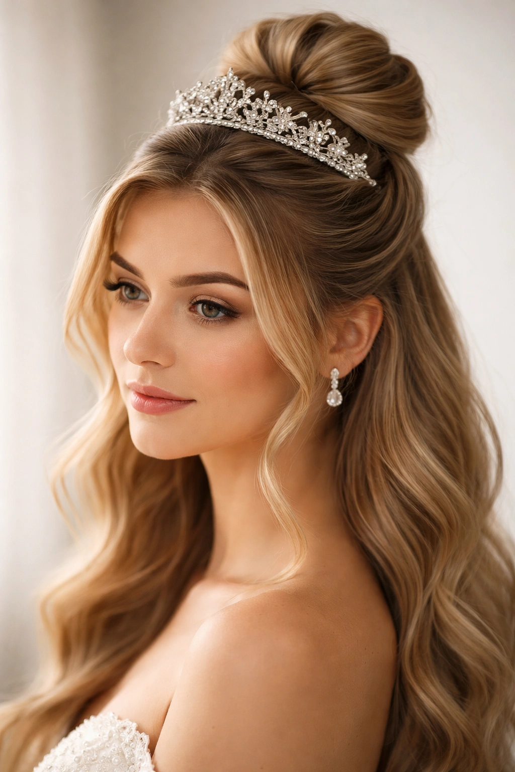 Close-up of a classic half-up bun with tiara at crown