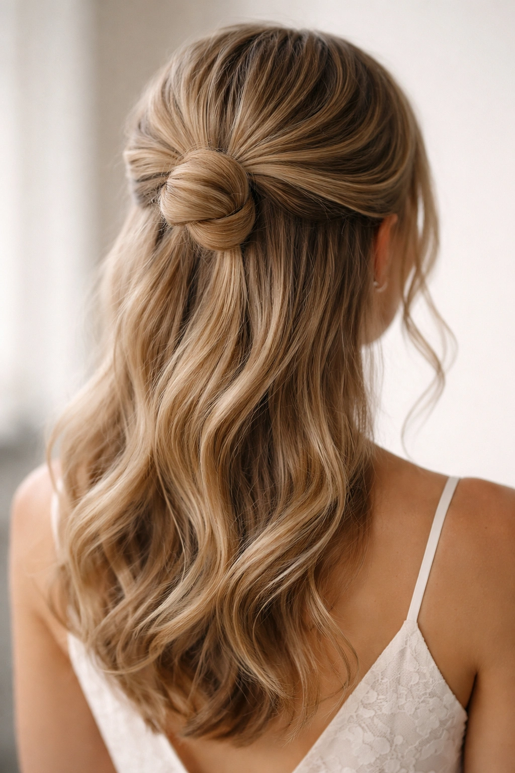 Close-up of Classic Half-Up Half-Down Bun with Twists showing crown twists forming a soft bun