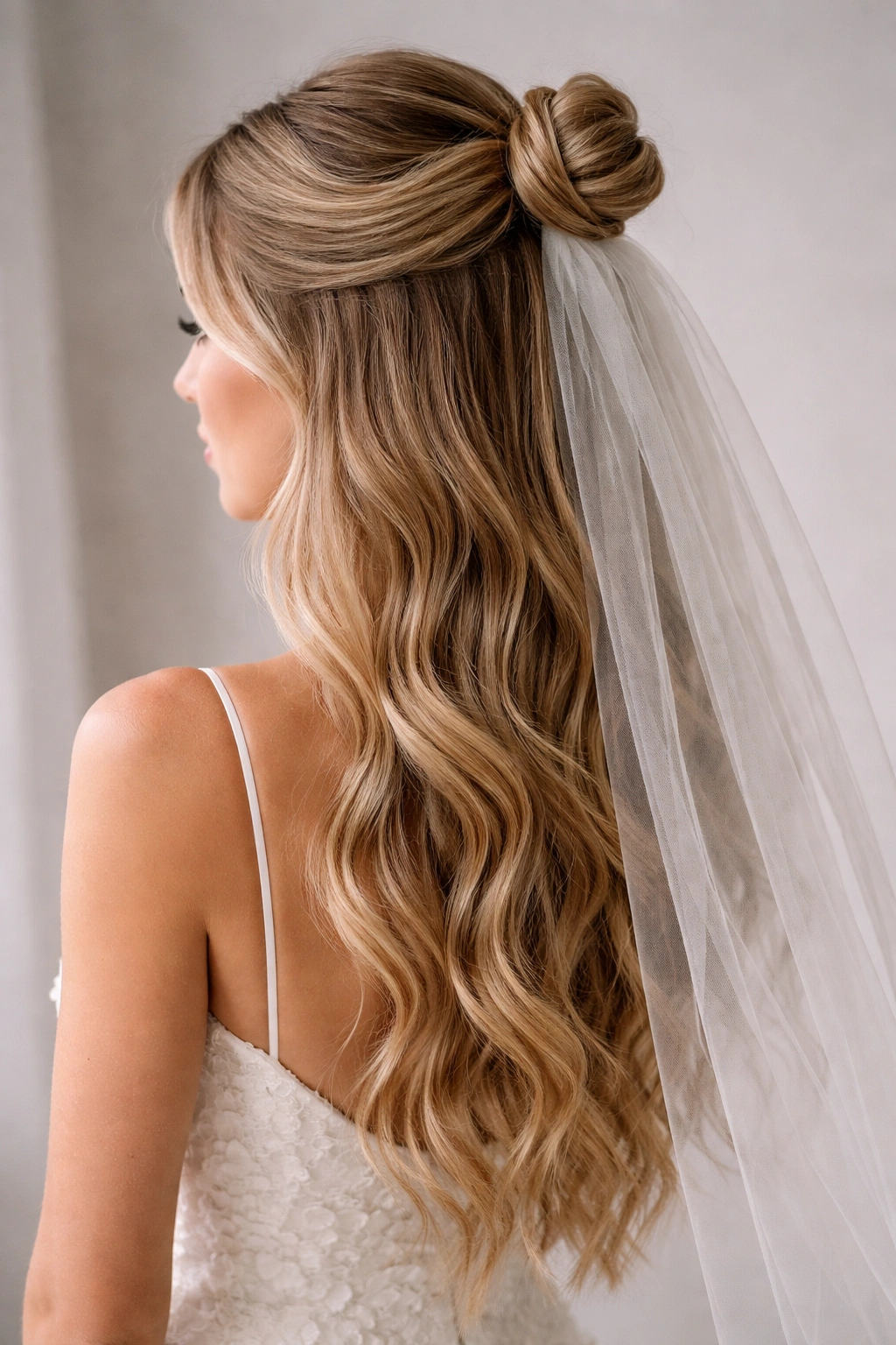 Half up bun hairstyle with side veil and flowing waves