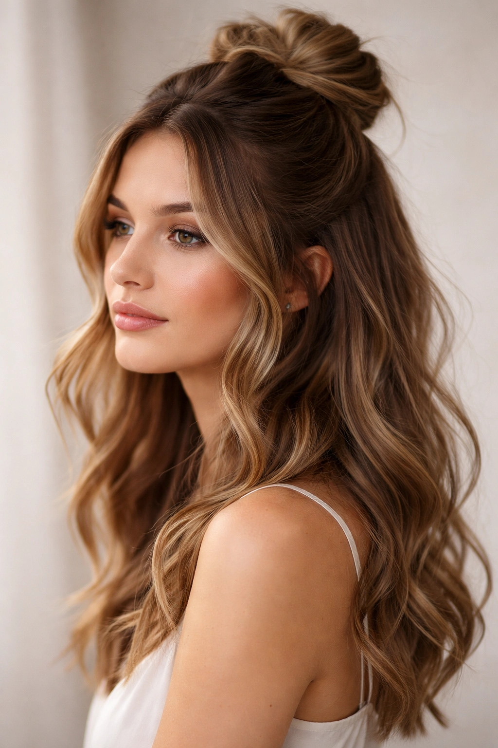 Close-up of half-up bun with loose waves on medium-length hair, soft lighting.