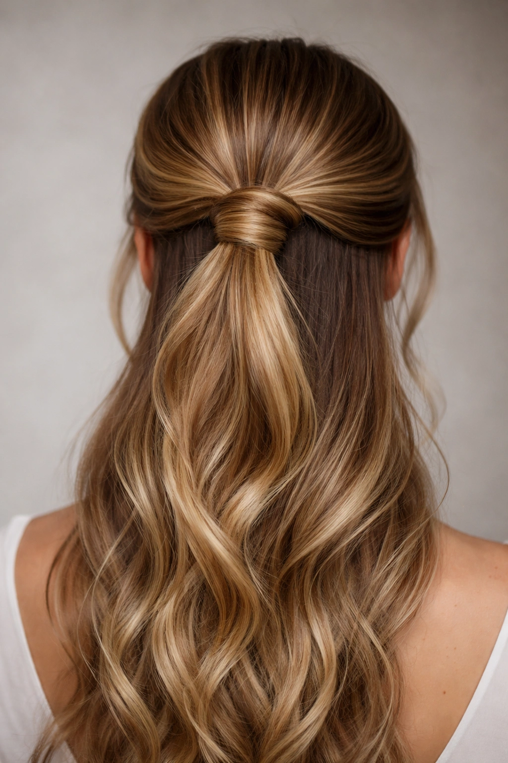 Close-up back view of wrapped ponytail bun showing hidden elastic and polished wrap