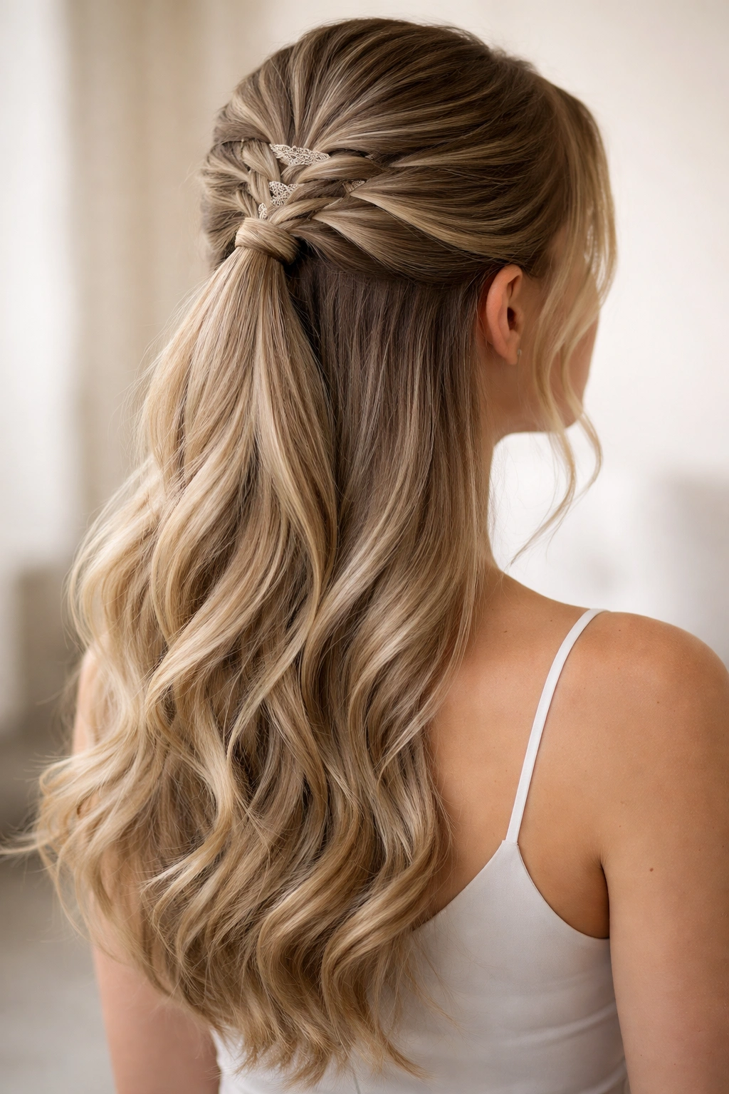 Half-up butterfly braid ponytail with loose waves