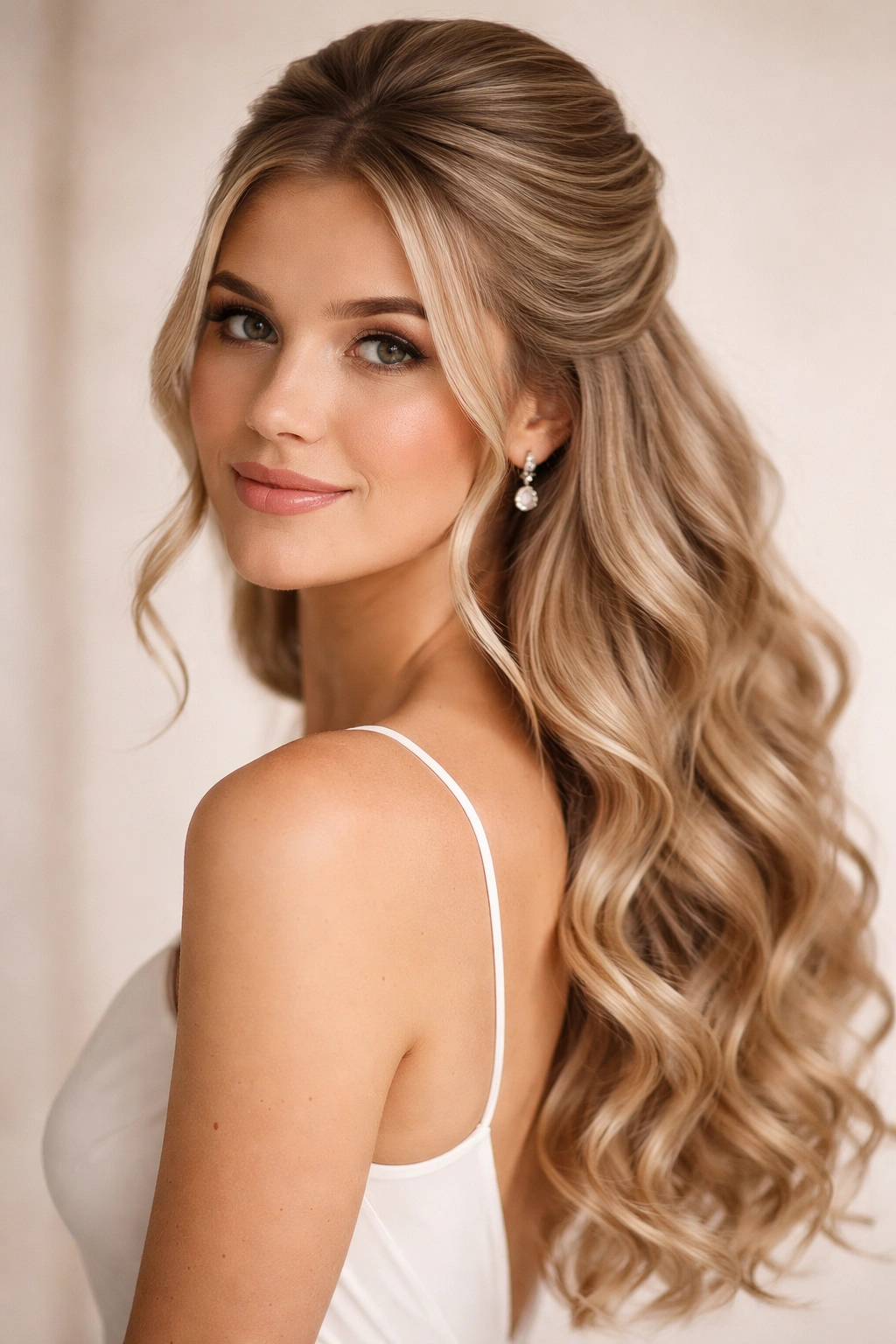 Half-up hairstyle with cascading curls.