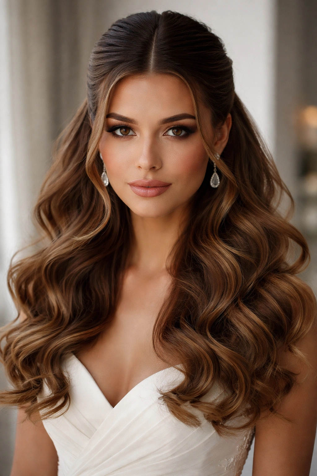 Half-up hairstyle with sleek center part and dramatic voluminous curls below