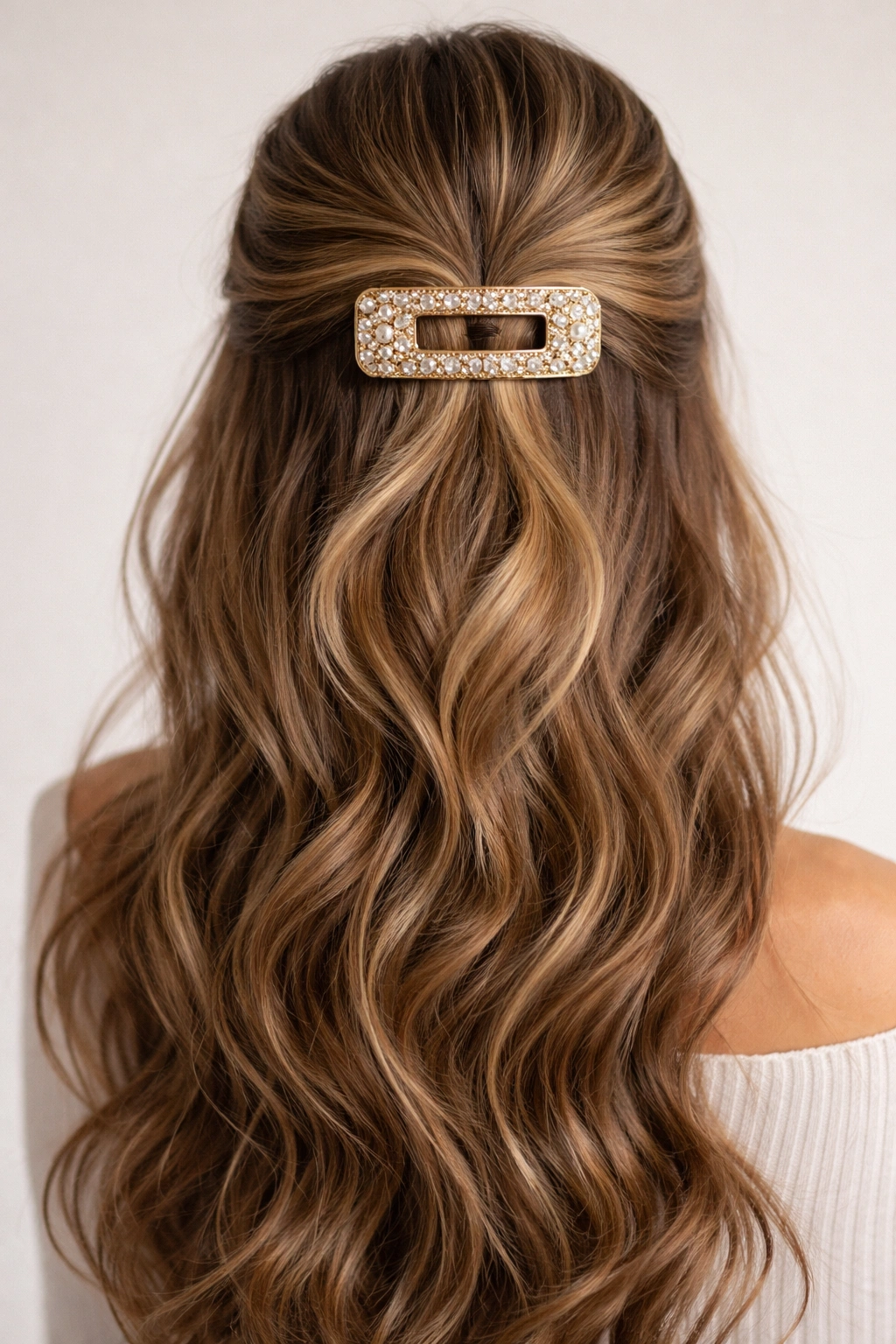 Half-up hairstyle secured with a large bold clip