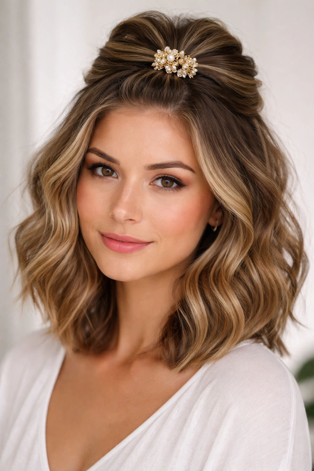 Wavy bob half-up secured with a large decorative clip at the crown