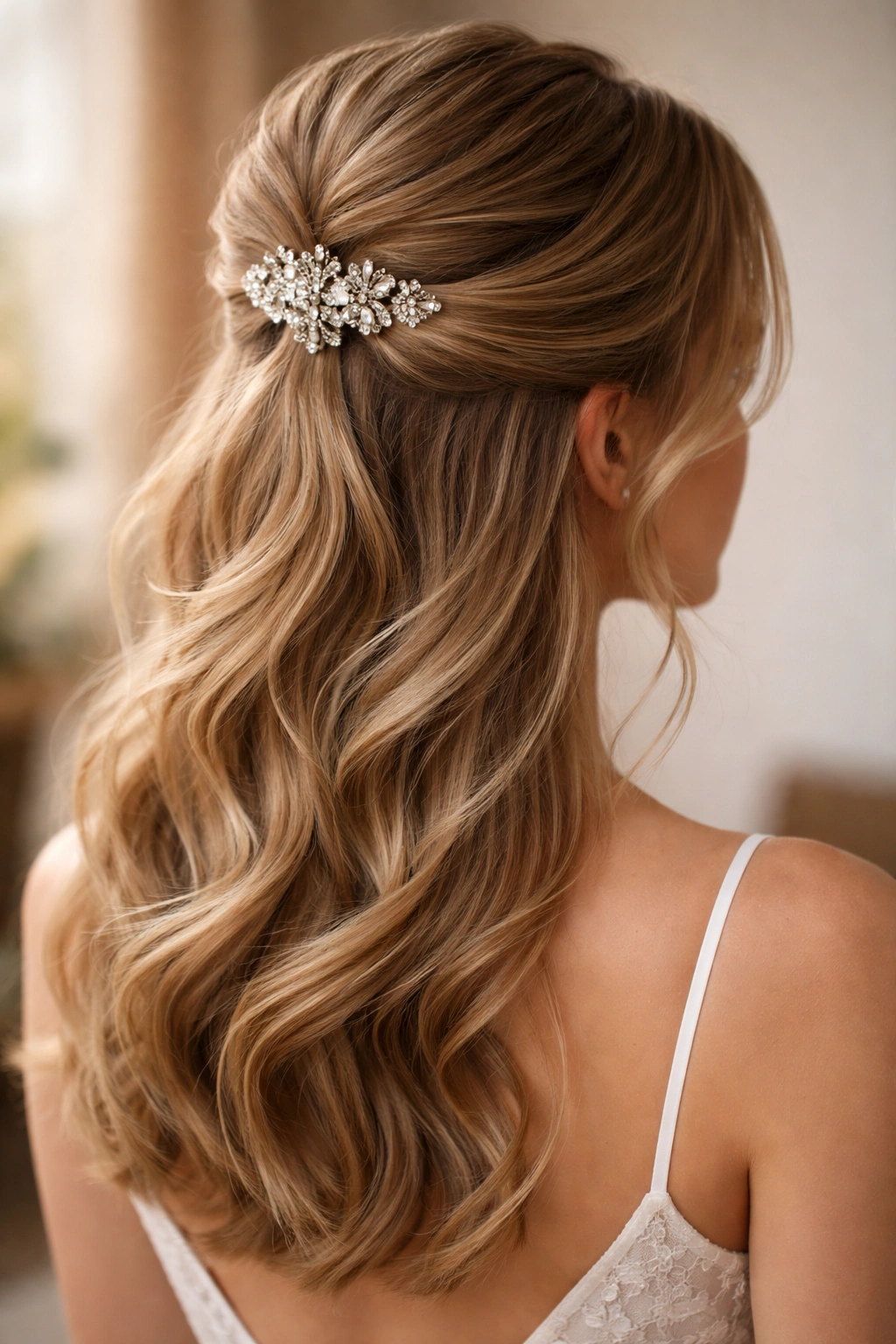Half-up hairstyle secured with decorative clip and soft layered waves