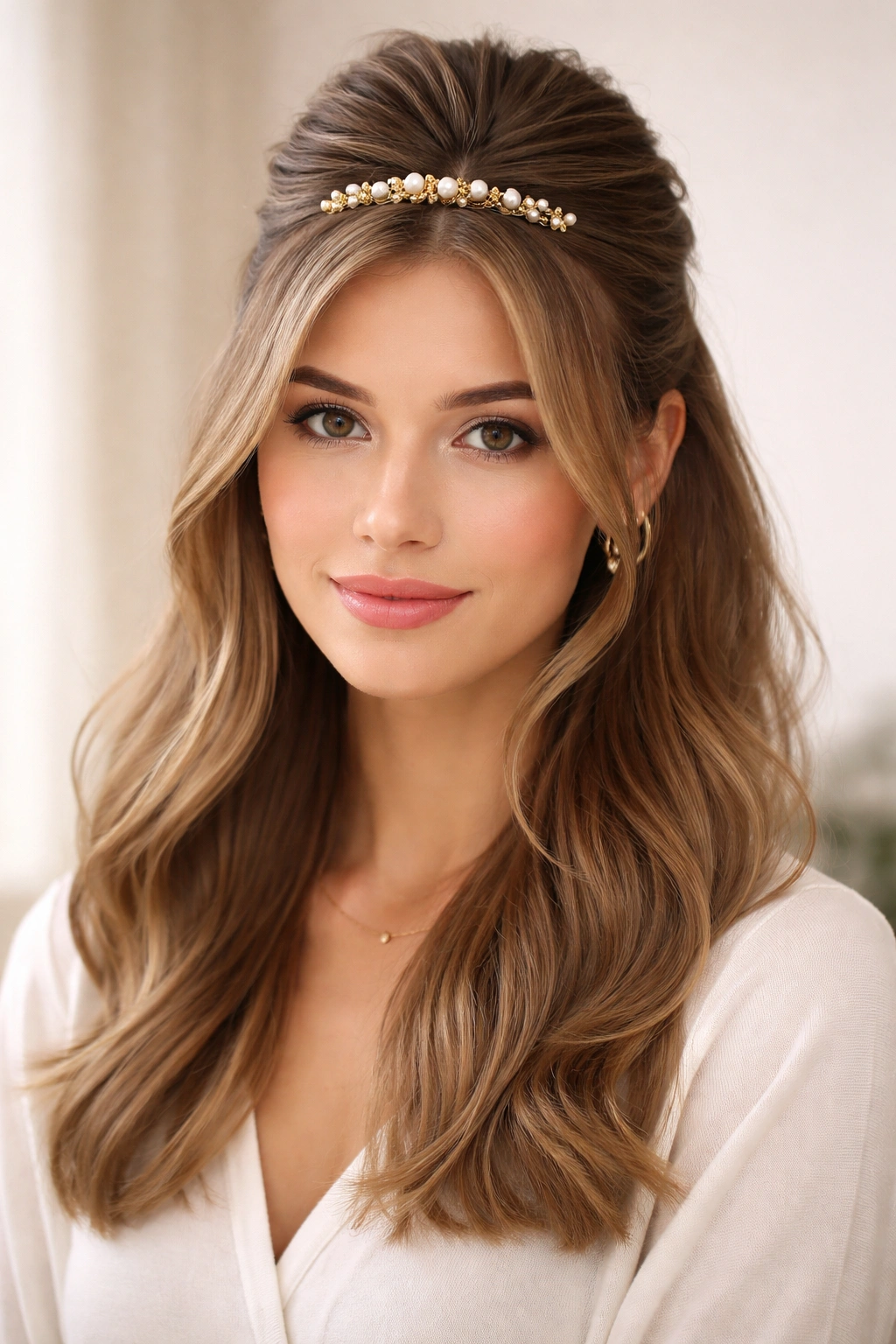 Half up hairstyle with decorative pearl or metal clip at crown