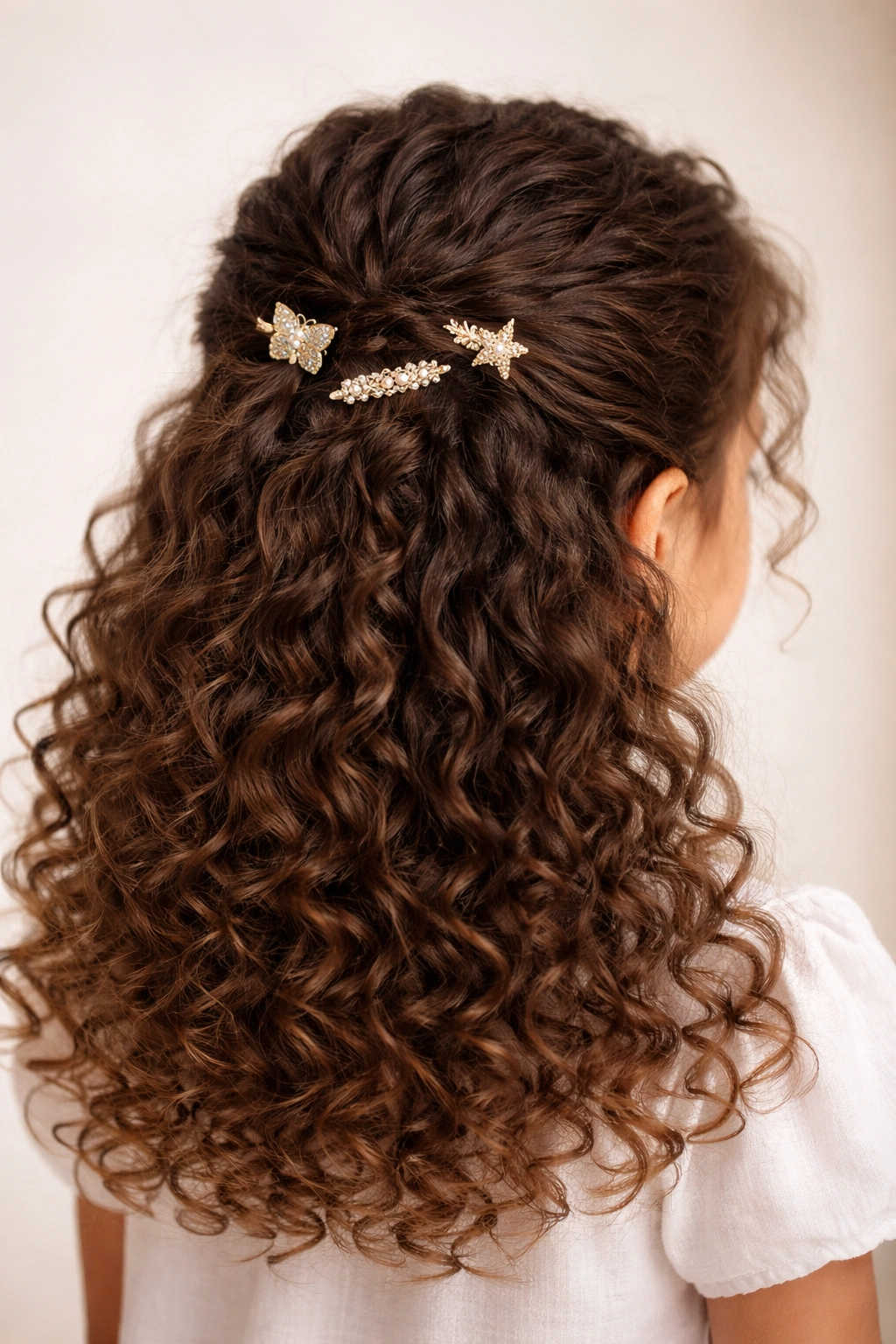 Close-up of a child's curly hair styled in a half-up with decorative clips, showcasing texture.