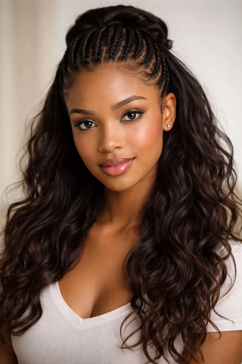 Close-up of half-up cornrow hairstyle on a heart-shaped face with braided crown and loose waves