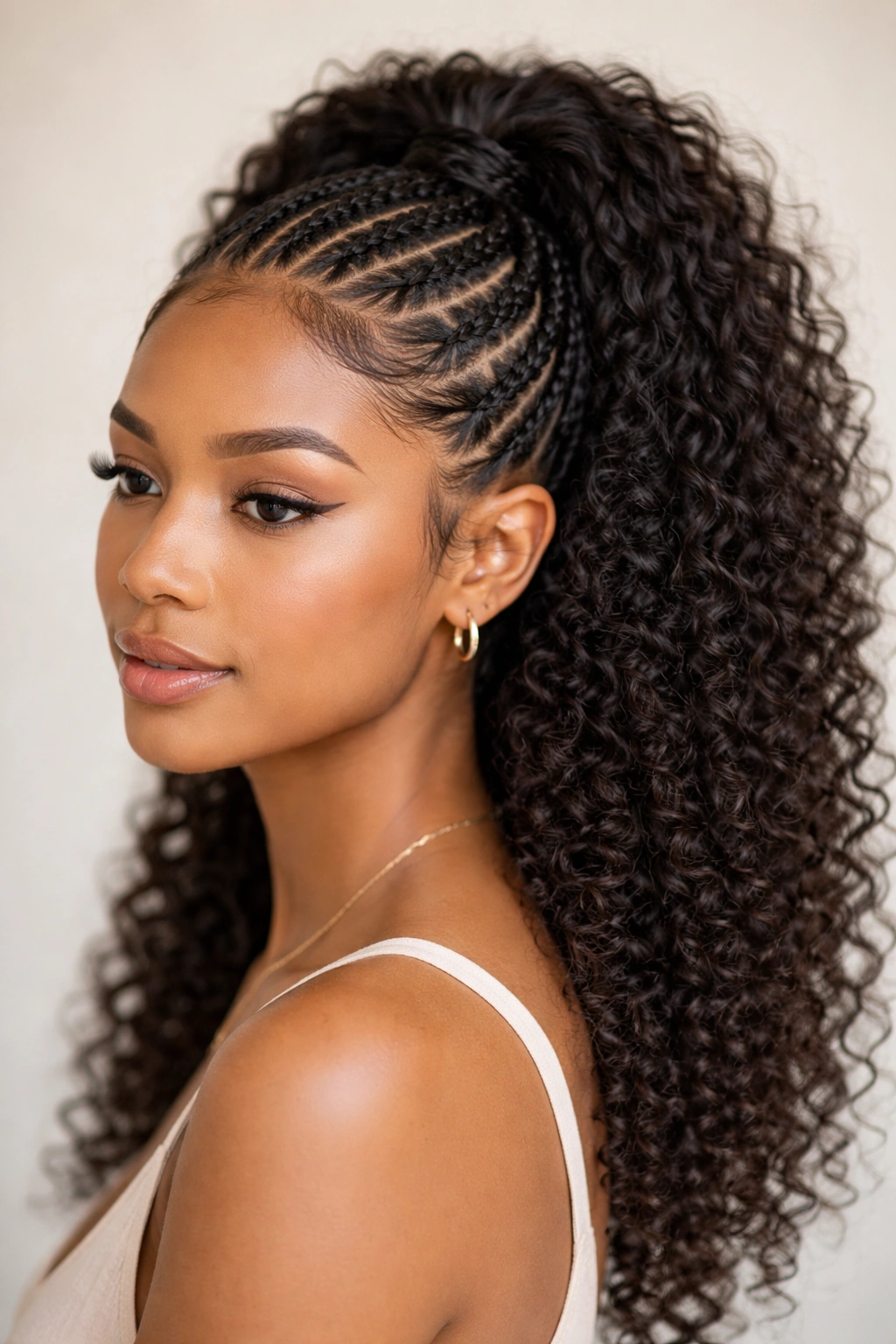 Close-up of a half-up cornrow ponytail with upper braids and loose curly hair
