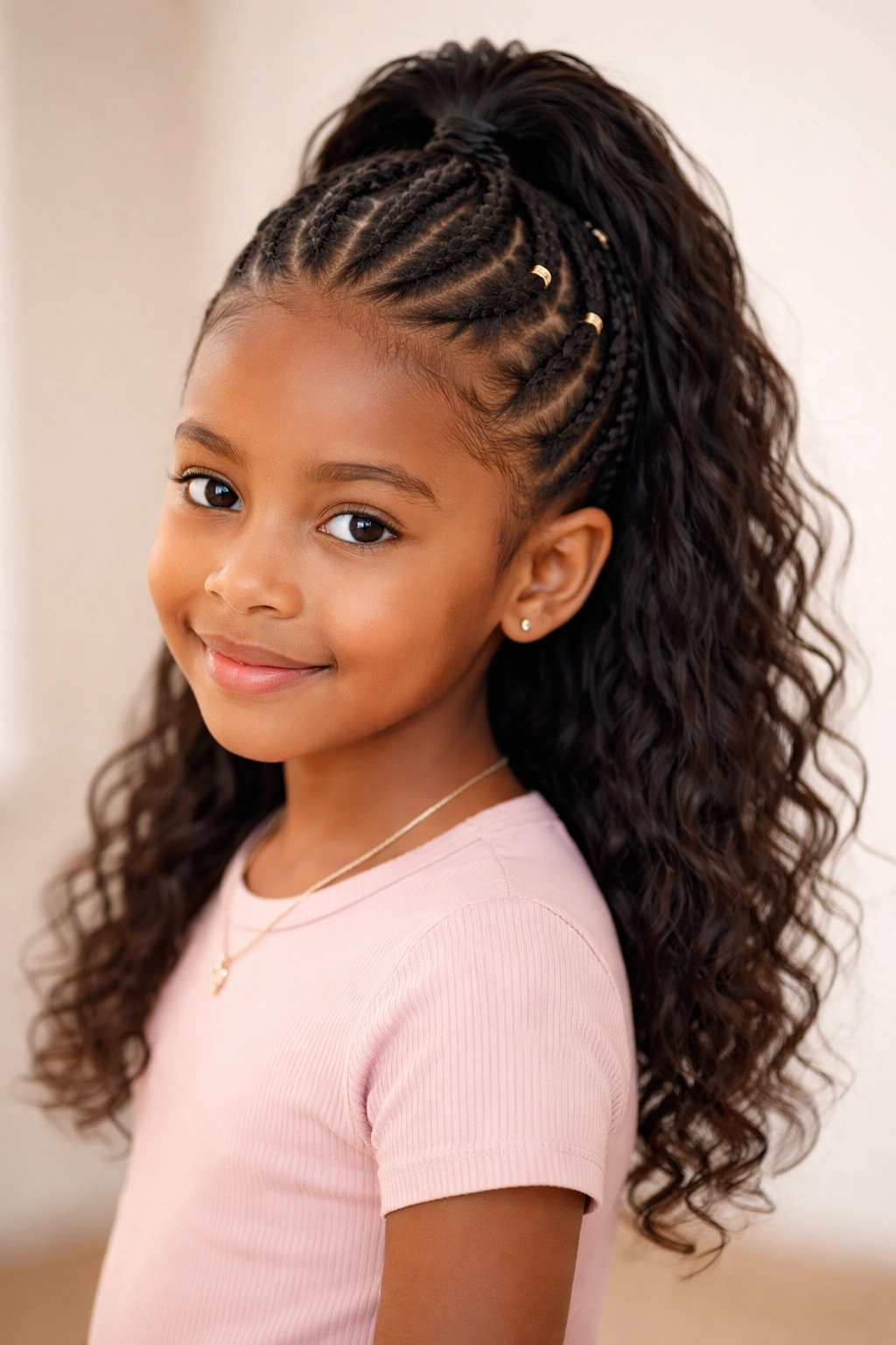 Half-up cornrow style with top braids and loose hair.