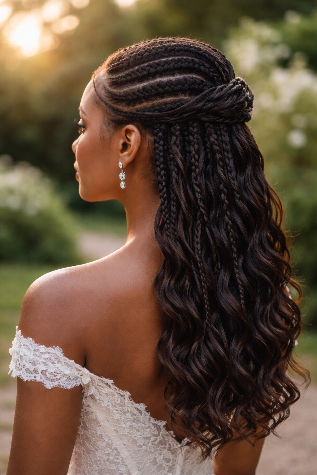Half-up cornrow style with waterfall braids cascading from gathered section