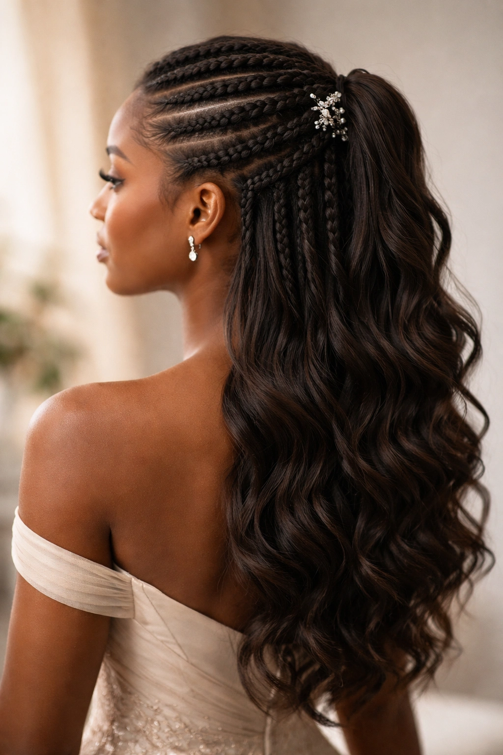 Half-up cornrow style blending braided crown with cascading hair