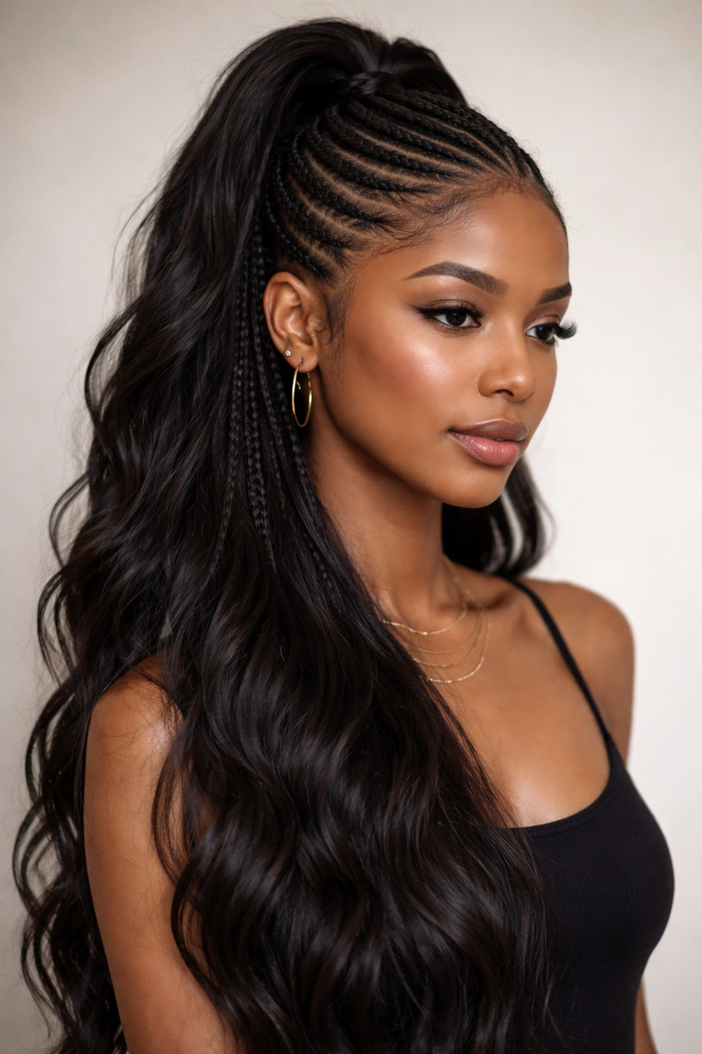 Close-up of long hair showing top cornrows and loose bottom hair