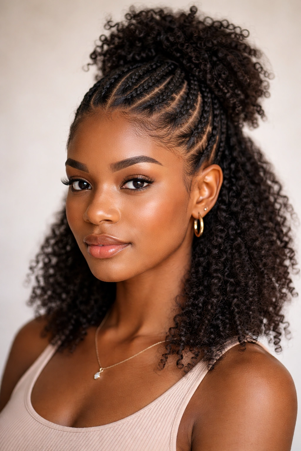Half-up cornrows showing braided top half and loose bottom hair