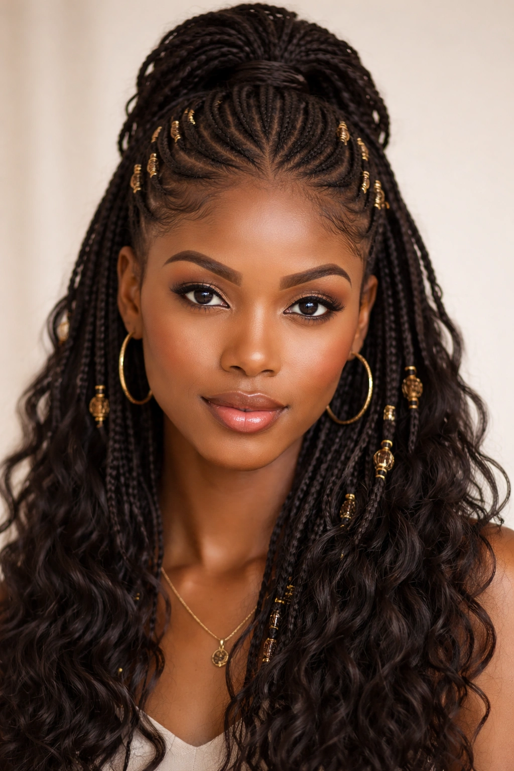 Close-up of half-up Fulani crochet braids with gold wraps and beads on upper head