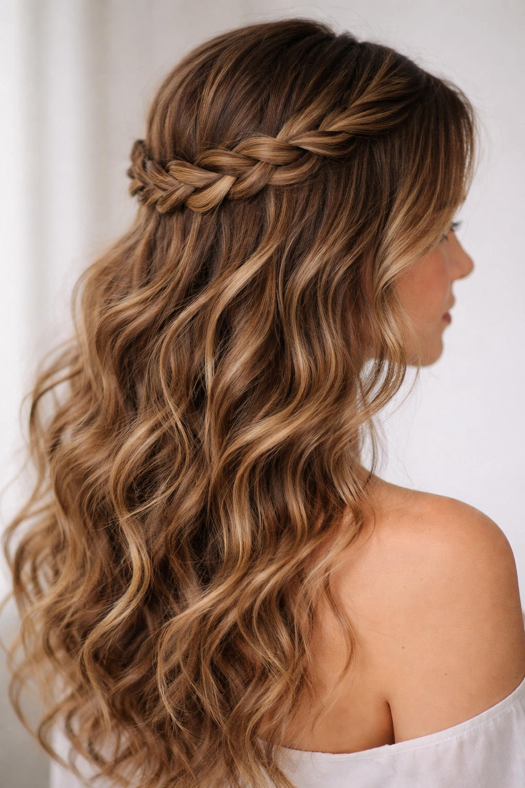 Side view of half-up crown braid with loose waves