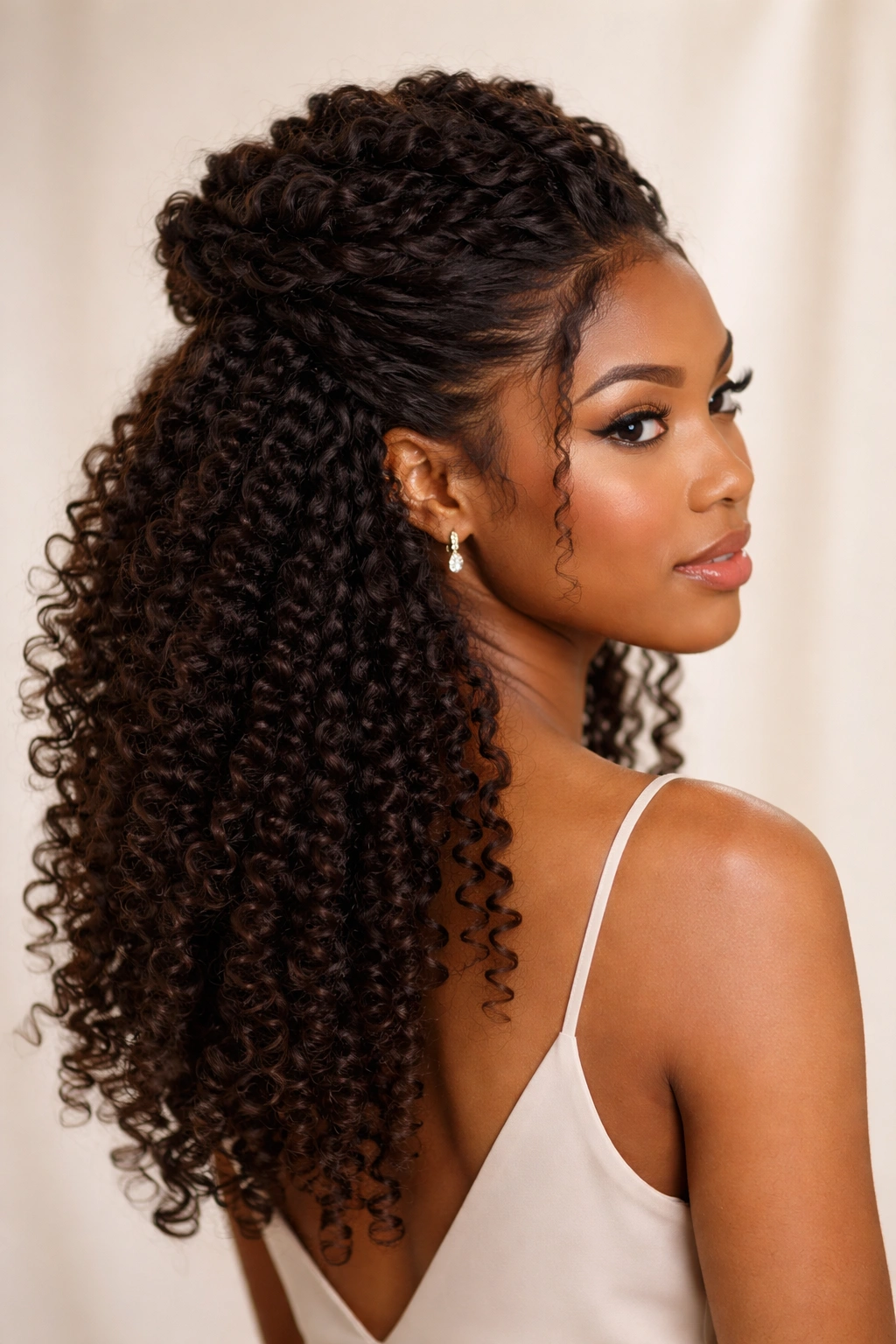 Half-up crown hairstyle with loose flowing coils