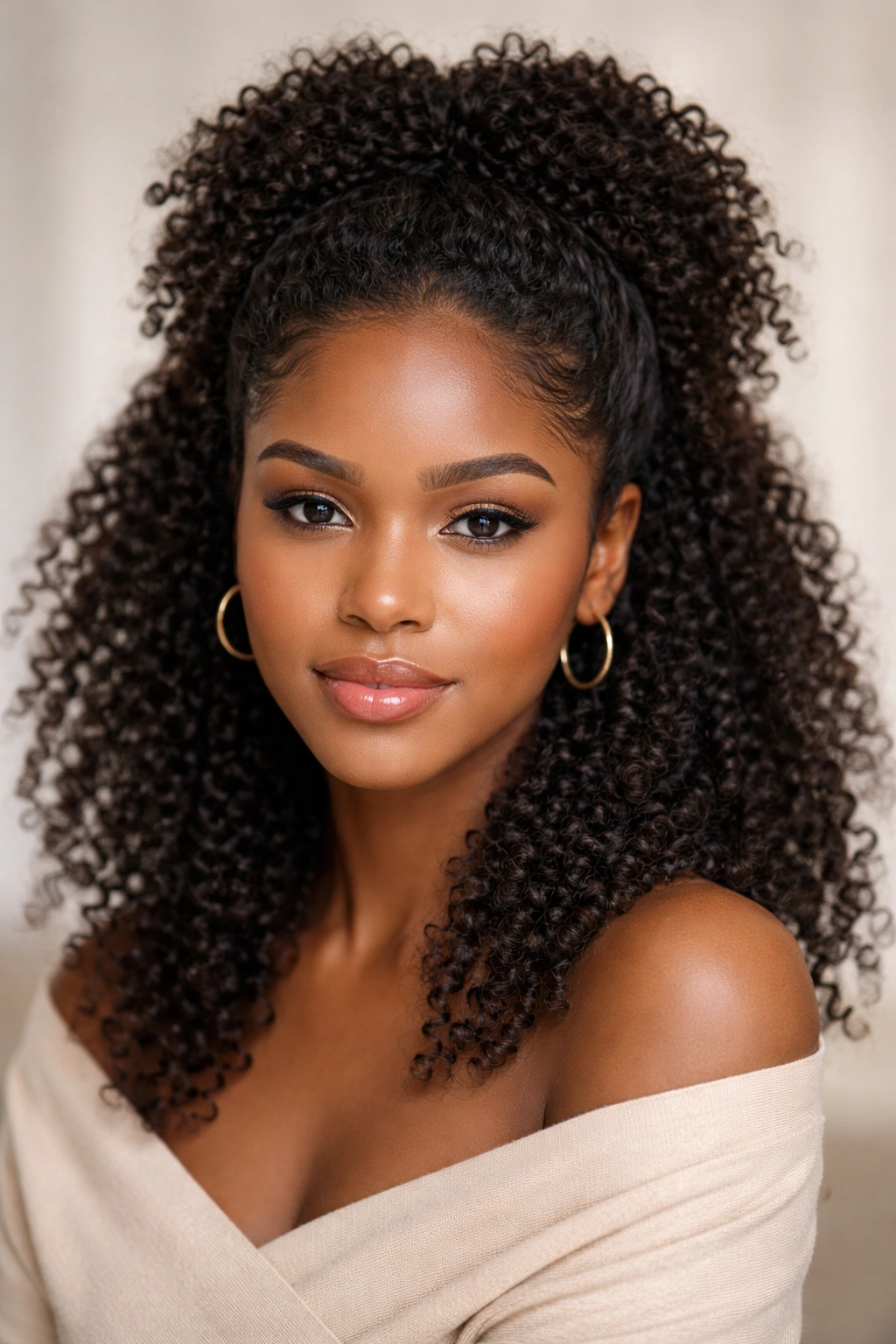 Front view of half-up coily crown hairstyle