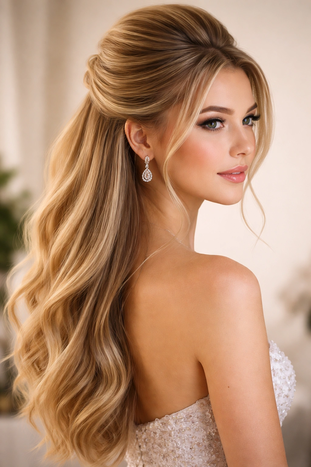 Half-up half-down hairstyle with voluminous crown and loose waves