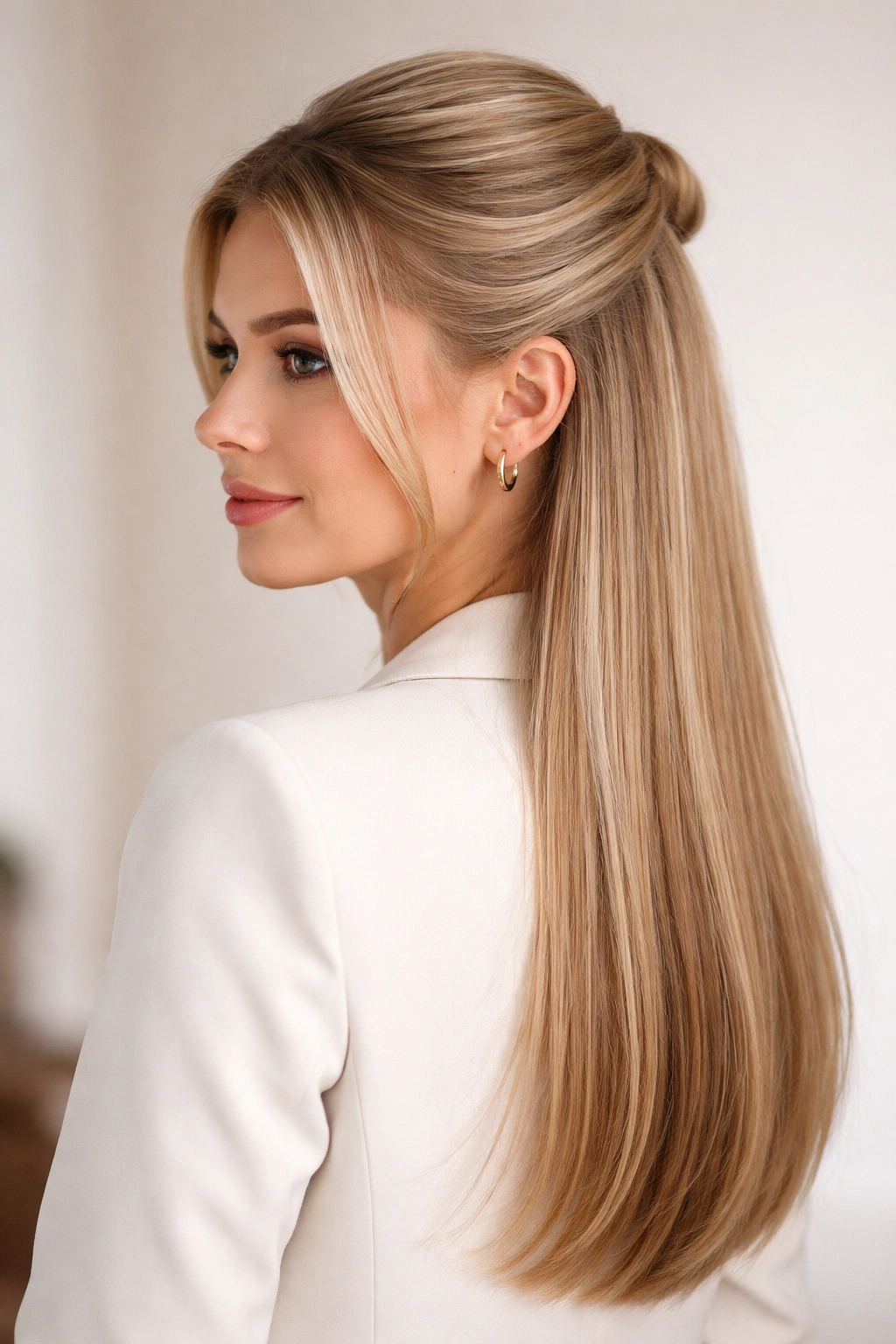 Half-up crown texture with flowing straight hair