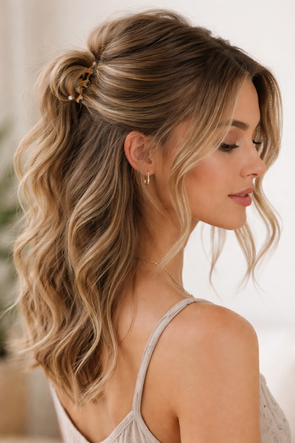 Close-up of a tousled crown with face-framing waves in a messy half-up hairstyle