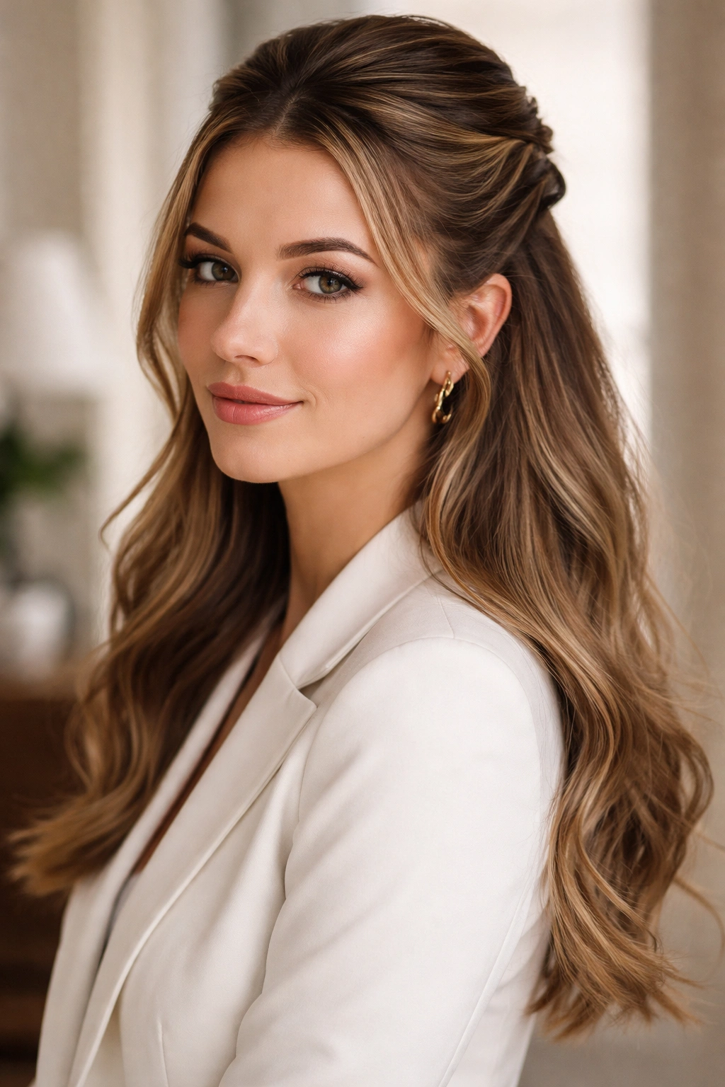 Portrait of a person with a crown-twist half-up hairstyle suitable for professional and formal events