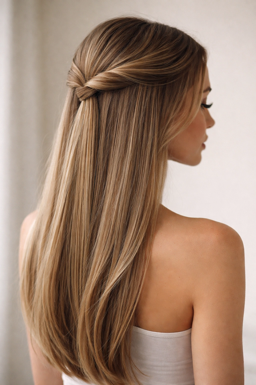 Half-up hairstyle with twisted crown on straight hair.