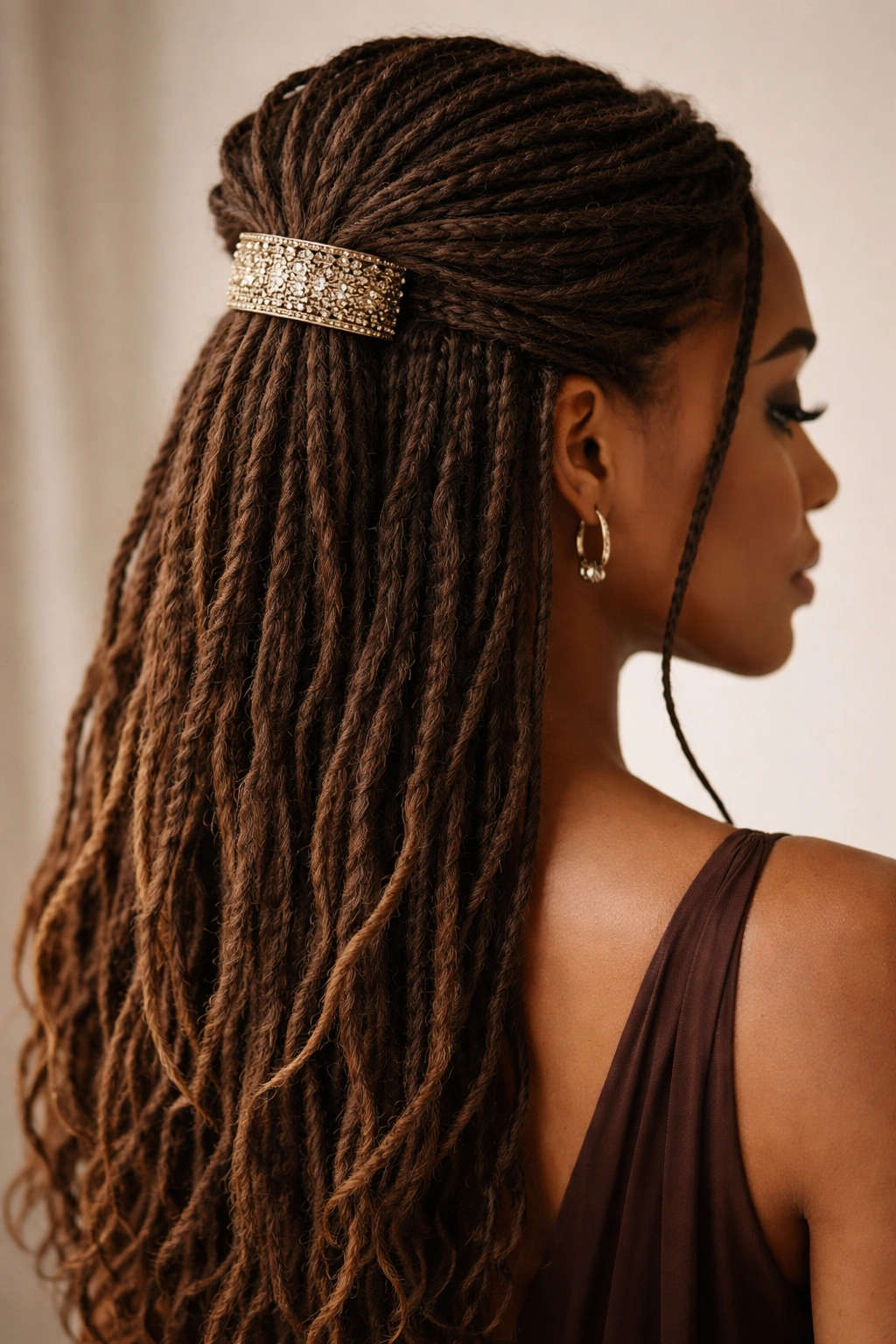 Close-up side view of elegant half-up hairstyle with ornamental cuff around gathered locs