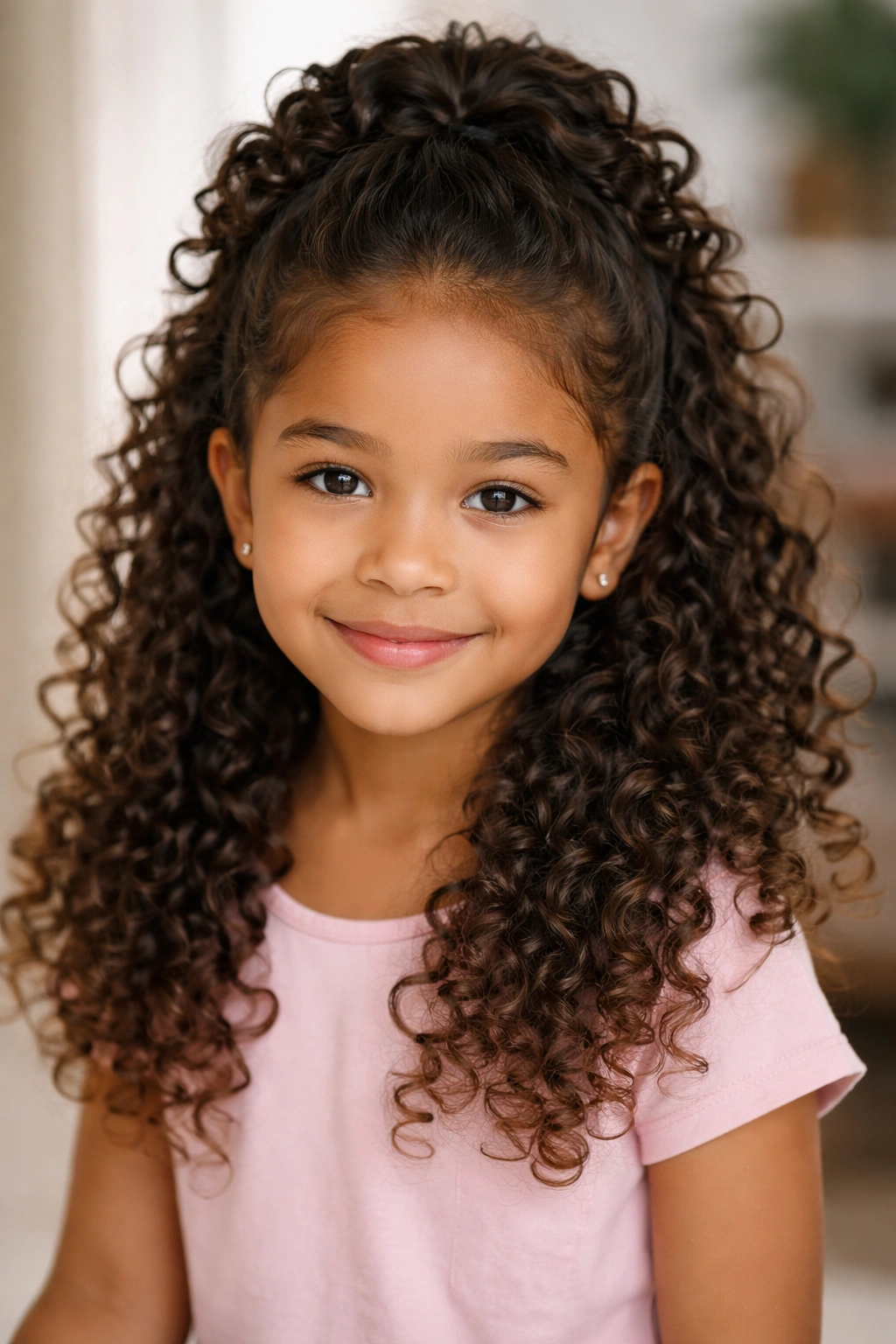 Close-up of gathered half-up with curled top section adding texture to curly hair