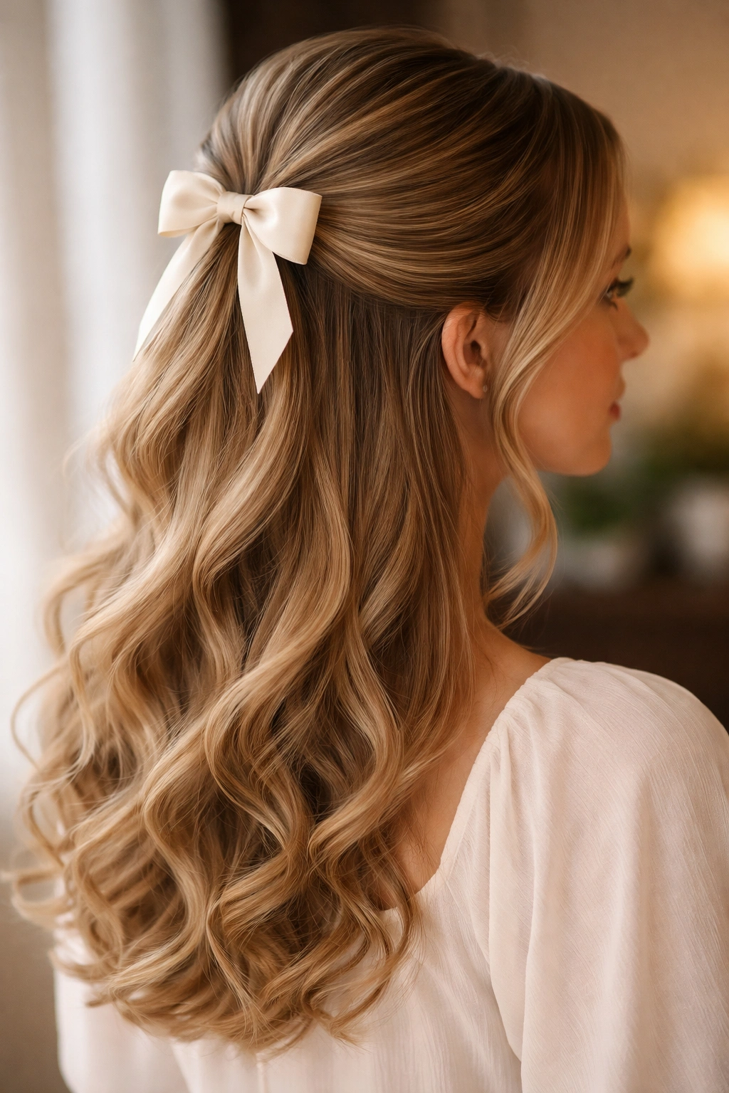Half-up hairstyle with delicate bow and soft lower curls around the face
