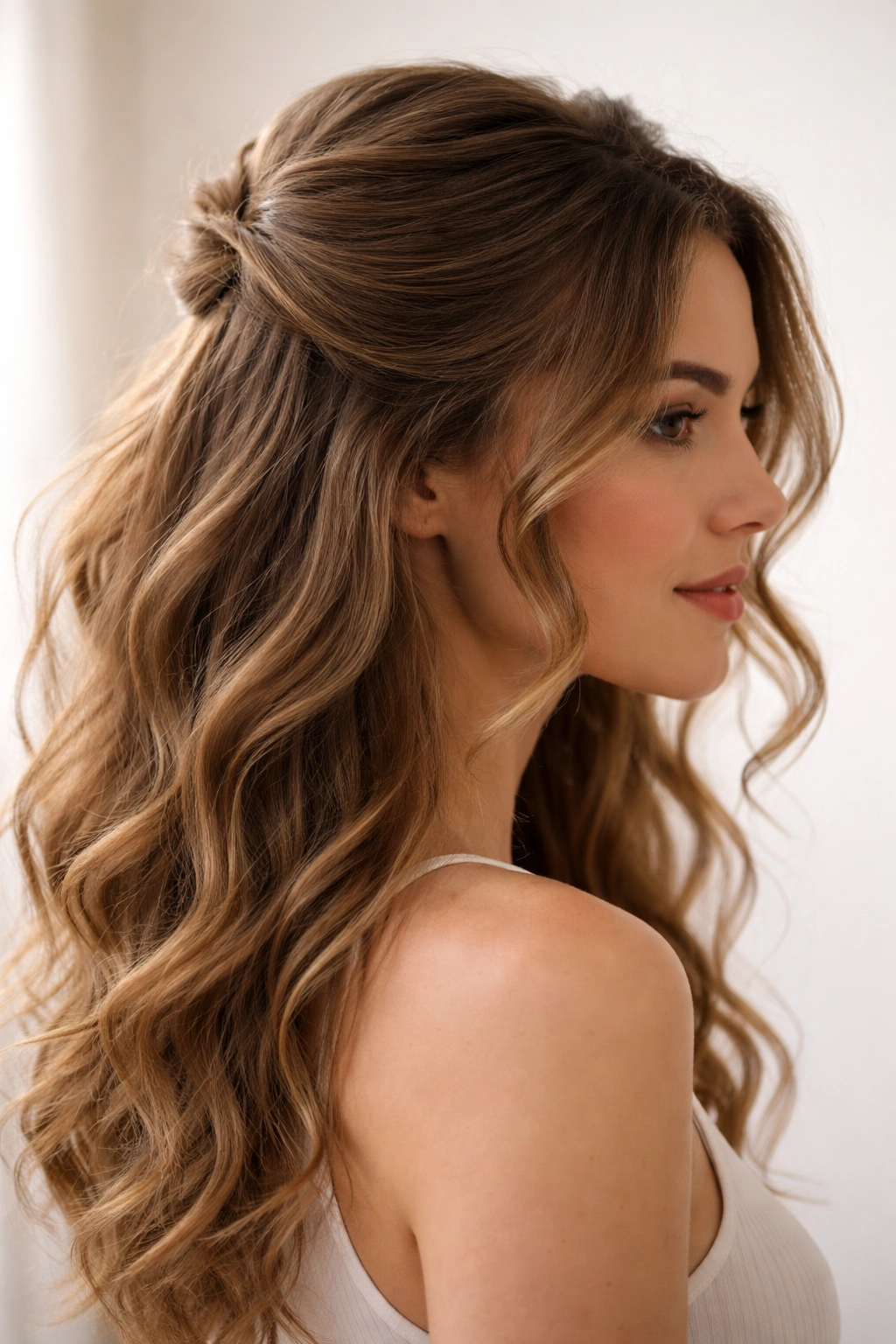 Profile view of wavy hair with top half tied back and face-framing curls on the bottom