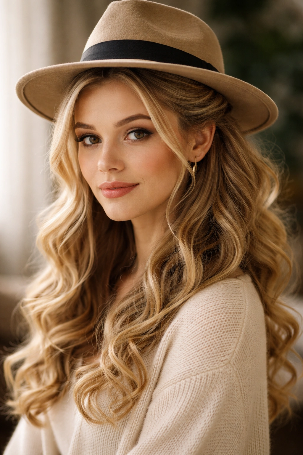 Head-and-shoulders view of half-up curls with a fedora