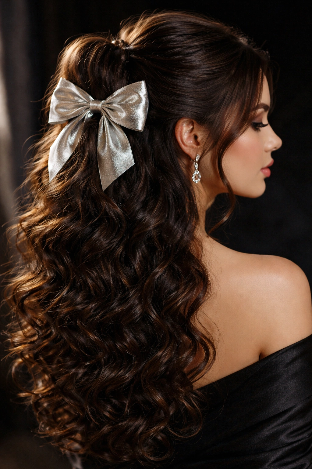 Half-up hairstyle with cascading curls and metallic bow on curly hair