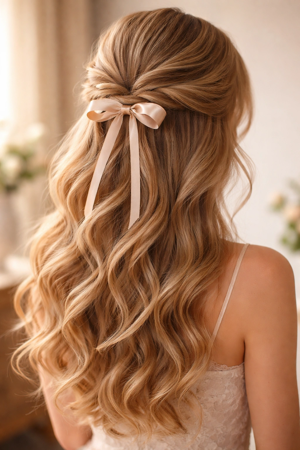 Romantic half-up curls with ribbon detail