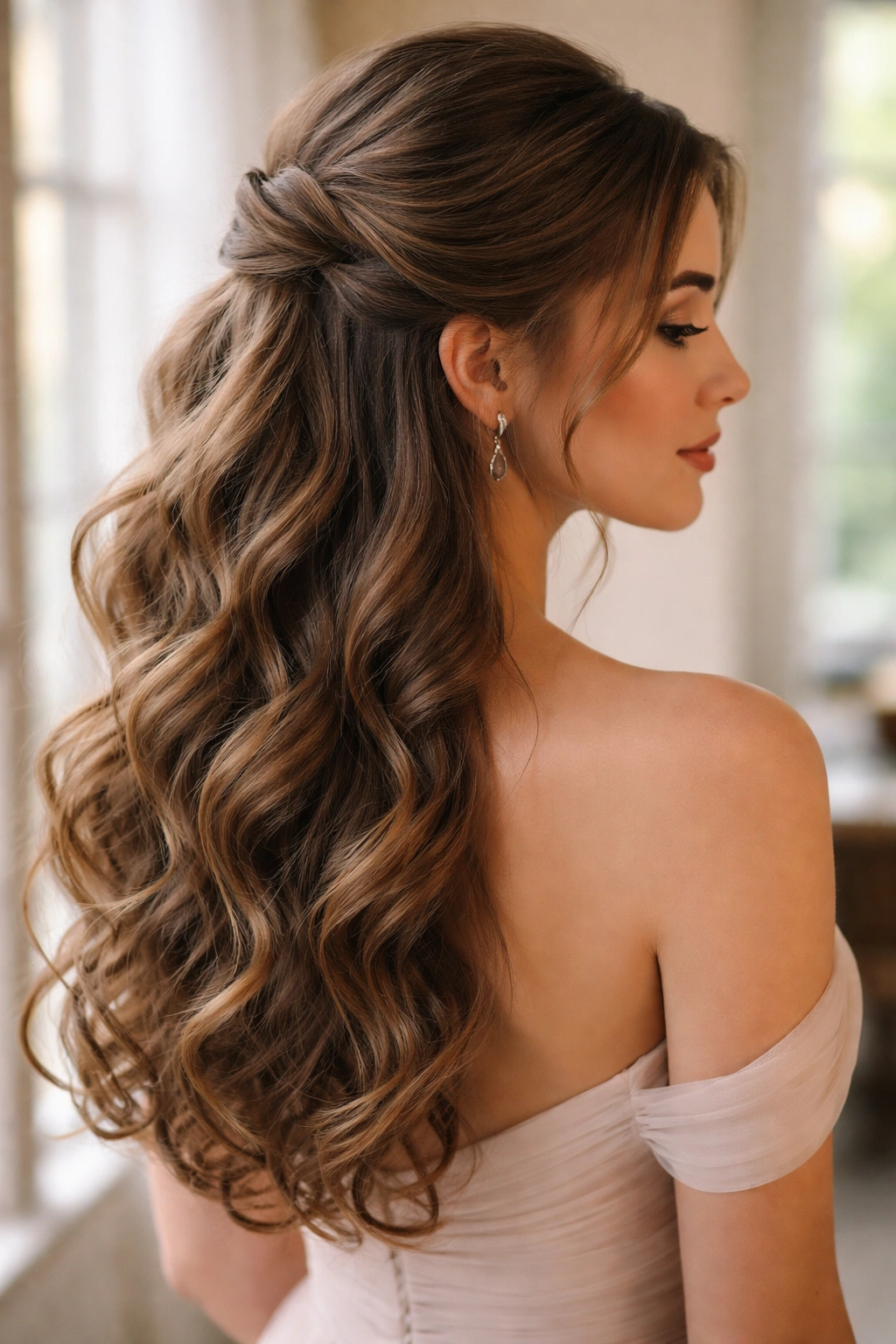 Close-up of thick hair in a romantic half-up with loose curls