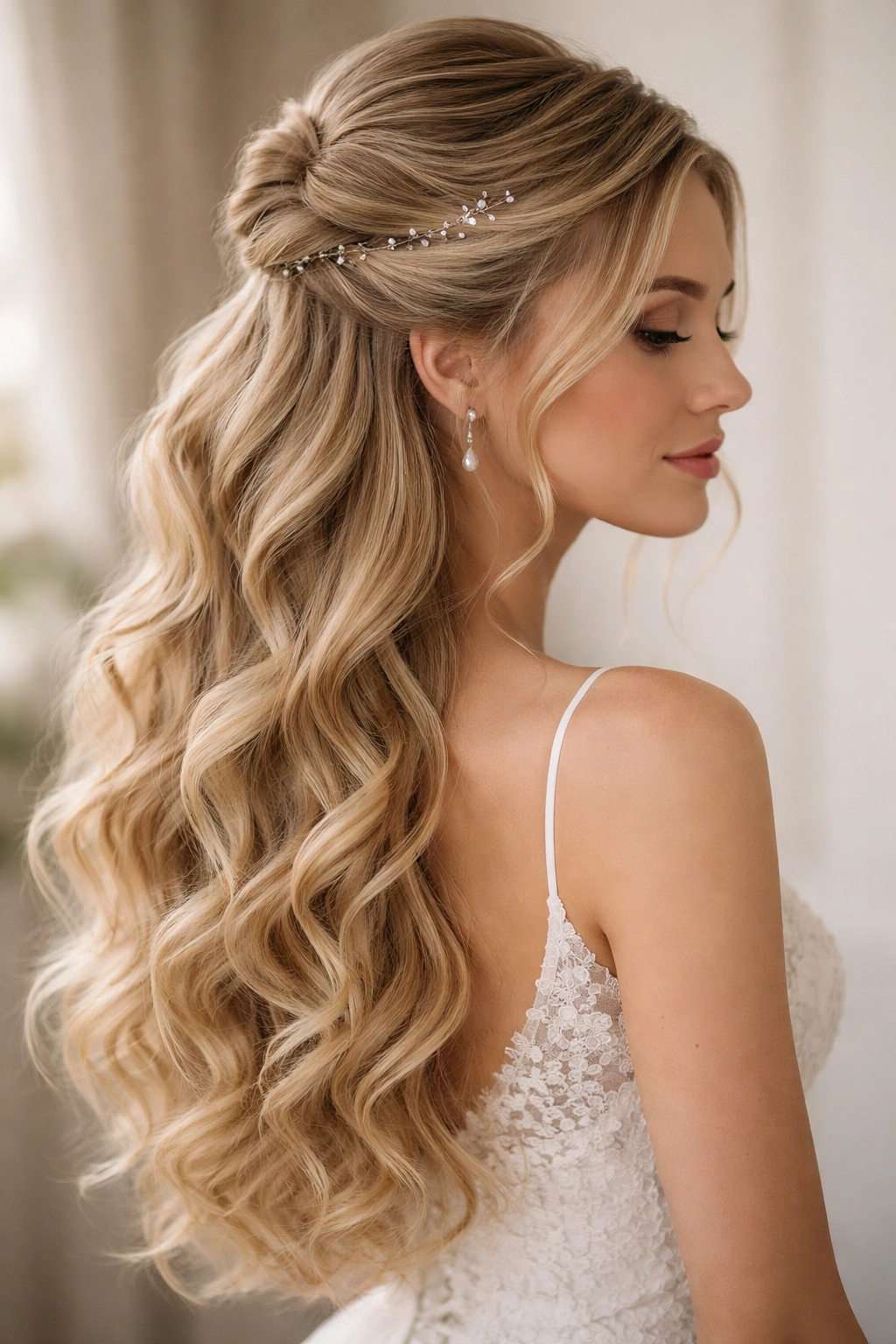 Soft waves half-up half-down hairstyle with loose curls