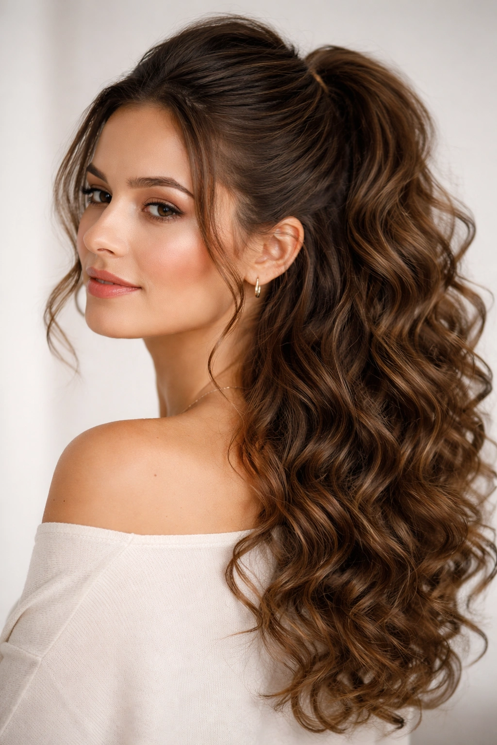 Half-up hairstyle with curly bottom cascading hair