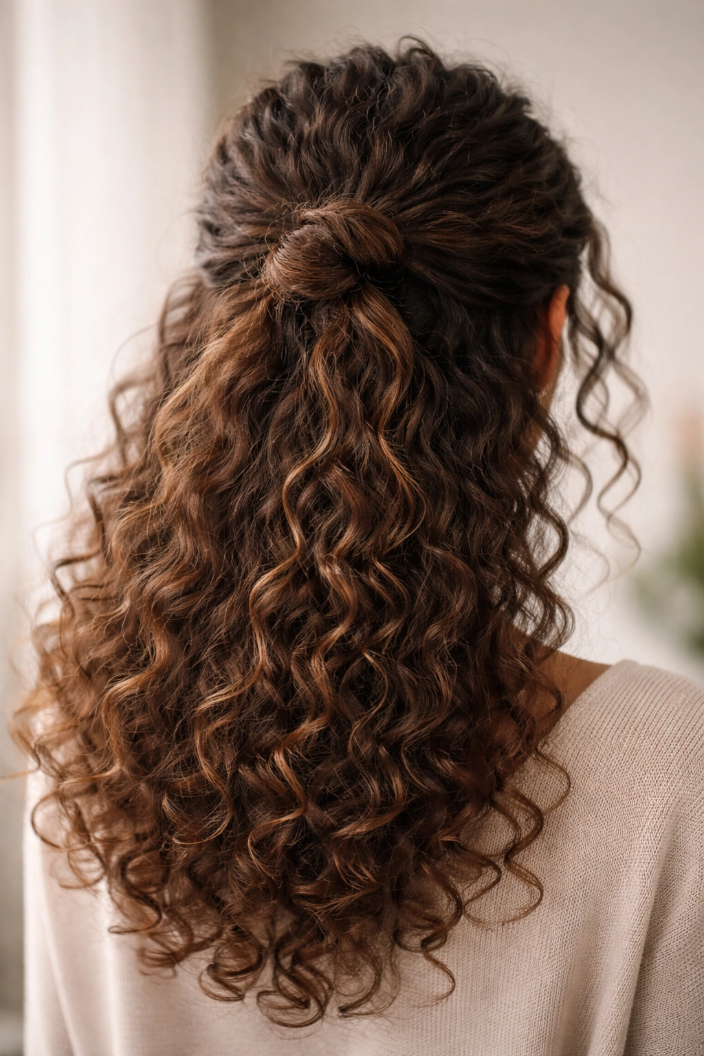 Back view of curly hair with a half-up knot and defined curls