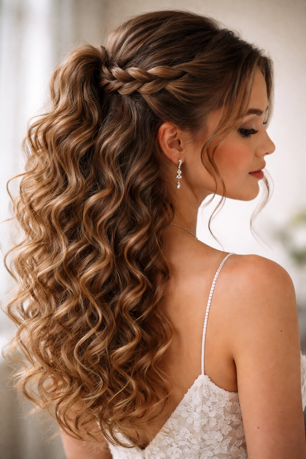 Half-Up Curly Moment with three-strand twist and flowing curls