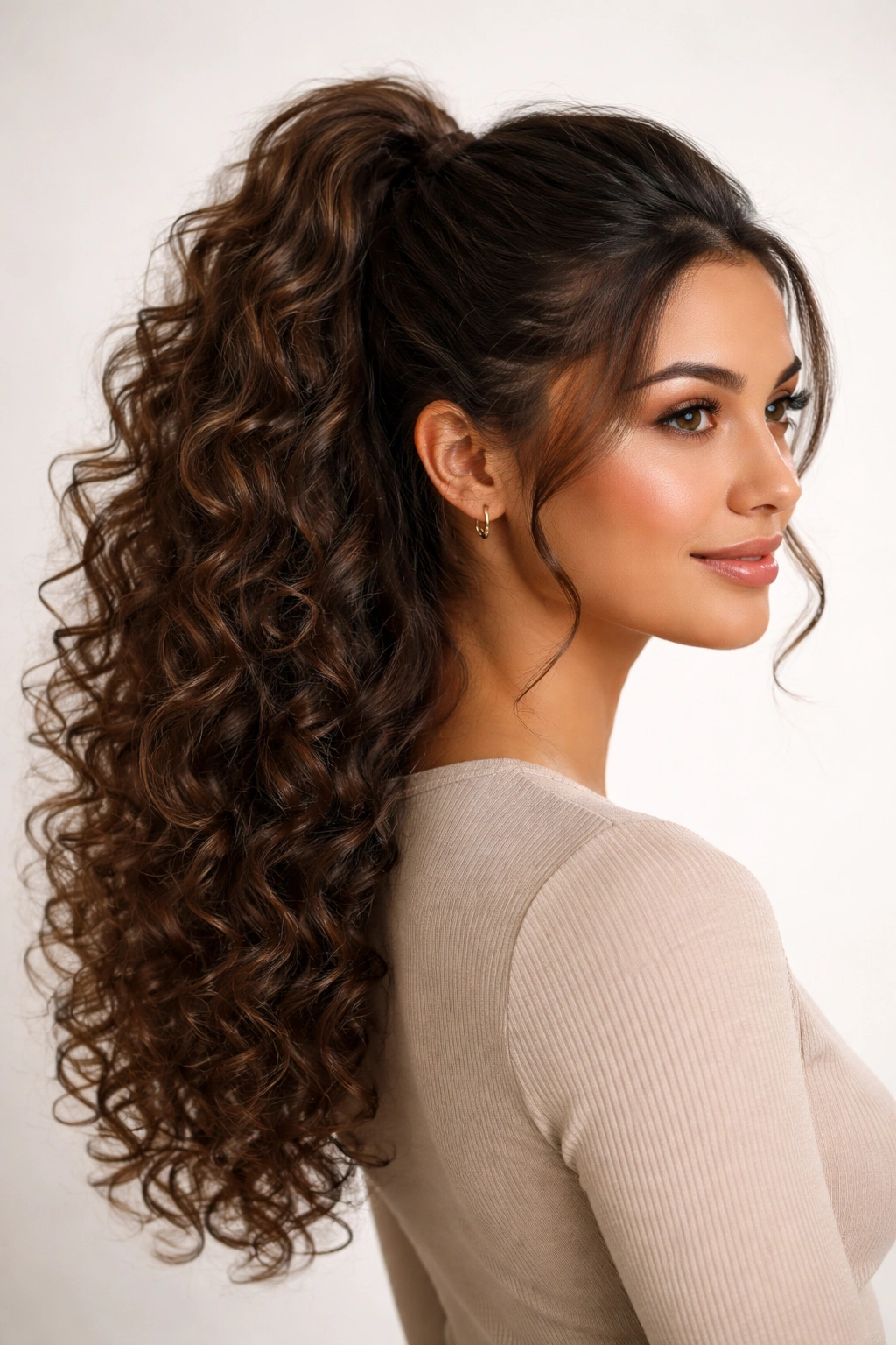 Half-up curly ponytail with top gathered section and loose curls below