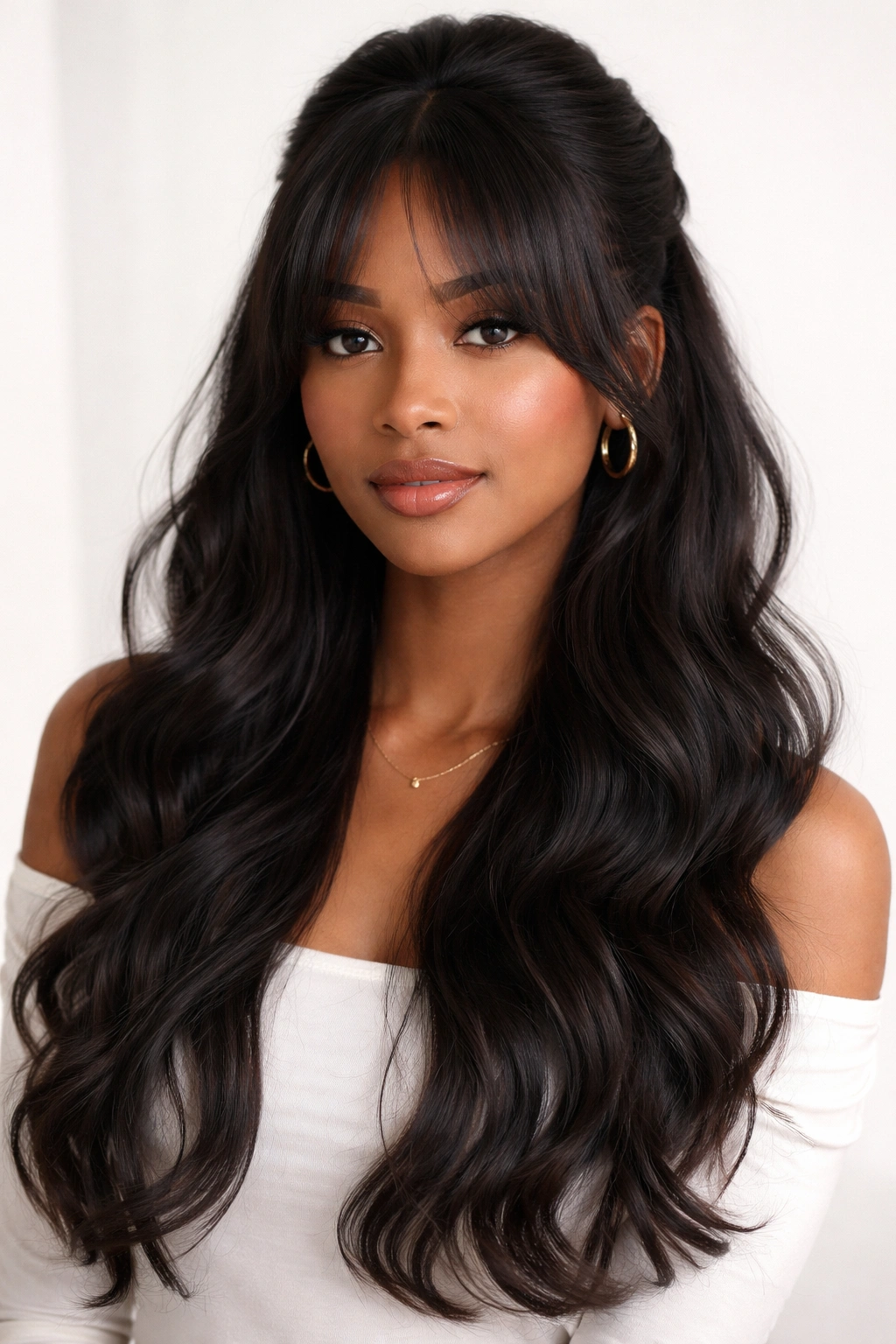 Half-up hairstyle with curtain bangs framing the face