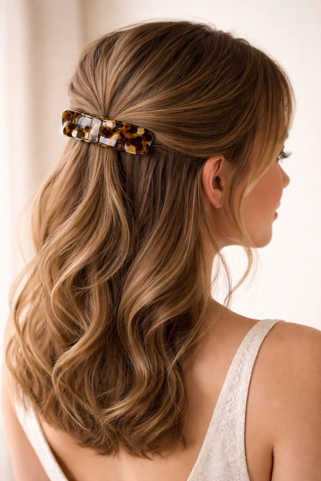 Close-up of half-up hairstyle secured with a large decorative clip