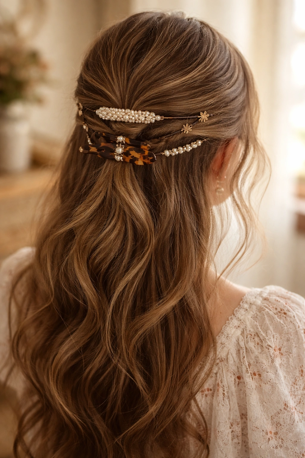 Close-up of cottagecore half-up hairstyle secured with pearl and tortoiseshell clips
