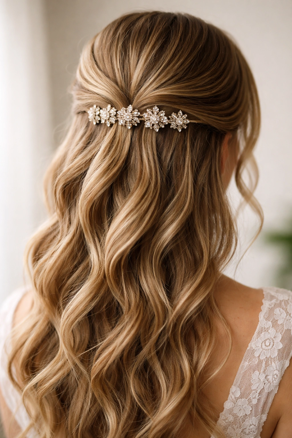 Half-up hairstyle with decorative hairpins along the transition line